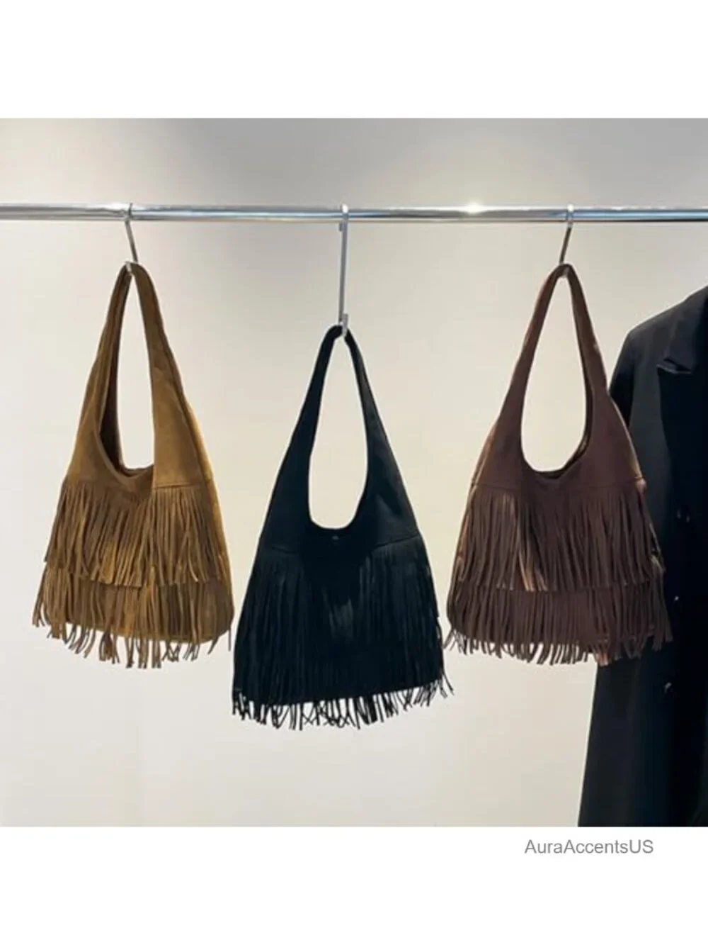 Vintage Fringe Hobo Shoulder Bag with Tassels Large Tote Suede Purse Western